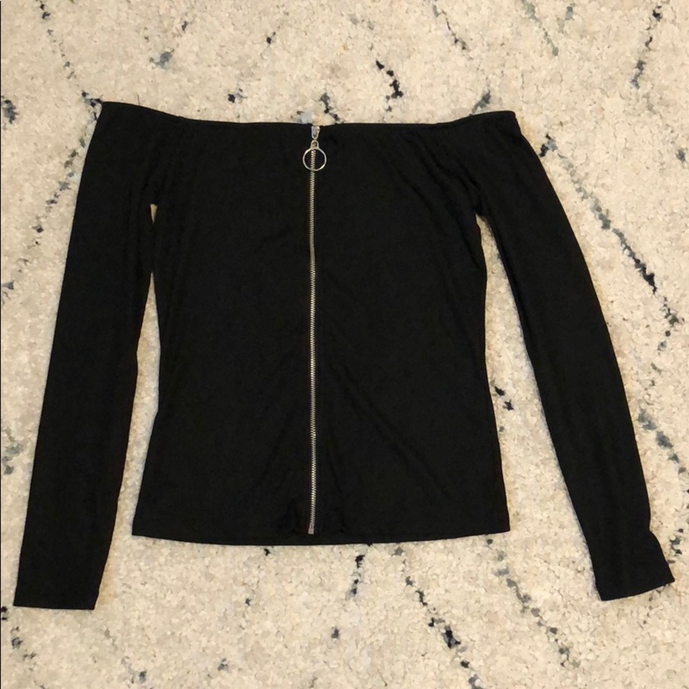 Black off shoulder zip up shirt